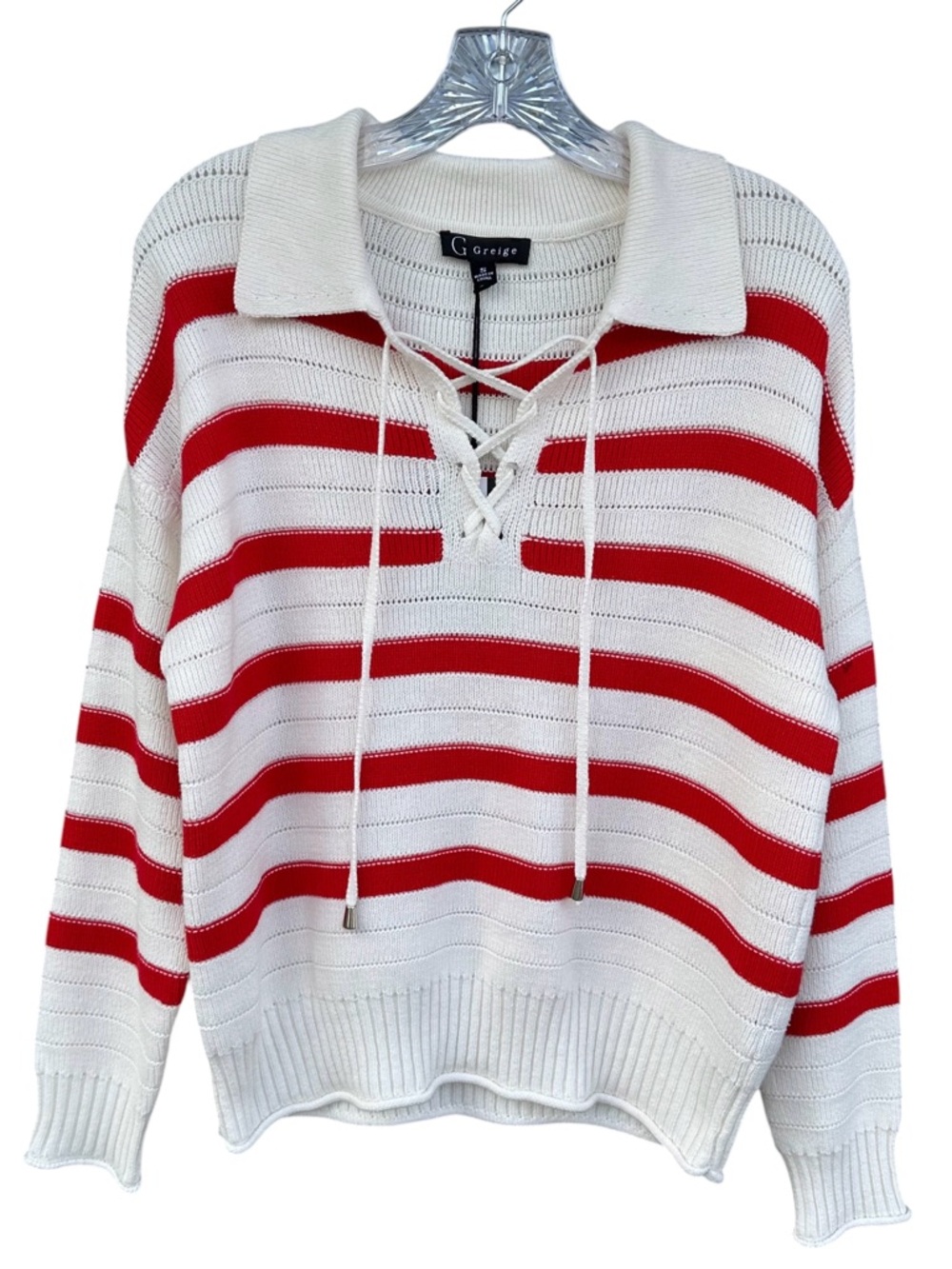 Greige Red & Ivory Striped Lace-Up Knit Polo Sweater Size Small NWT‎